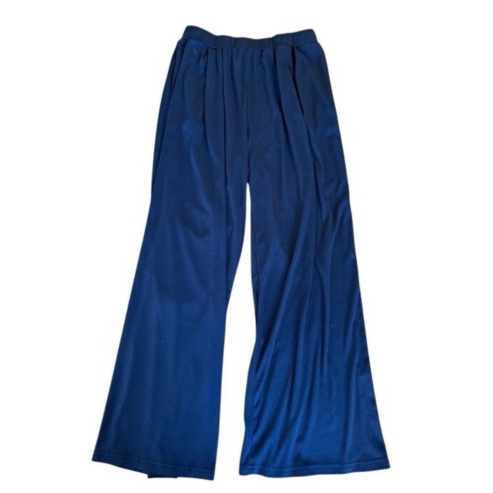 Black Ribbed Wide Leg Palazzo Pants‎ Elastic Waist Lounge Casual